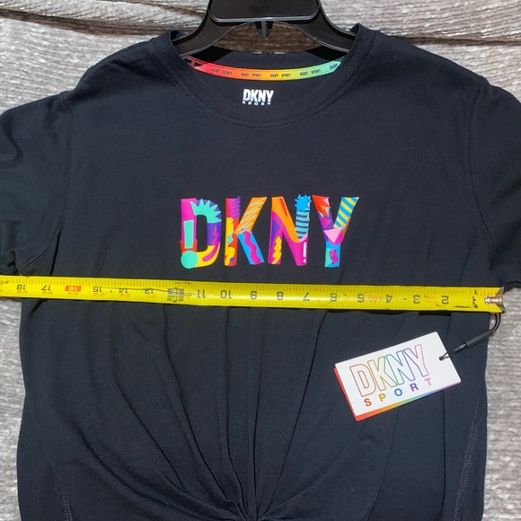 DKNY Logo Sport T-Shirt, Front Knot Detail, Black Multicolor, Size M - Picture 9 of 10
